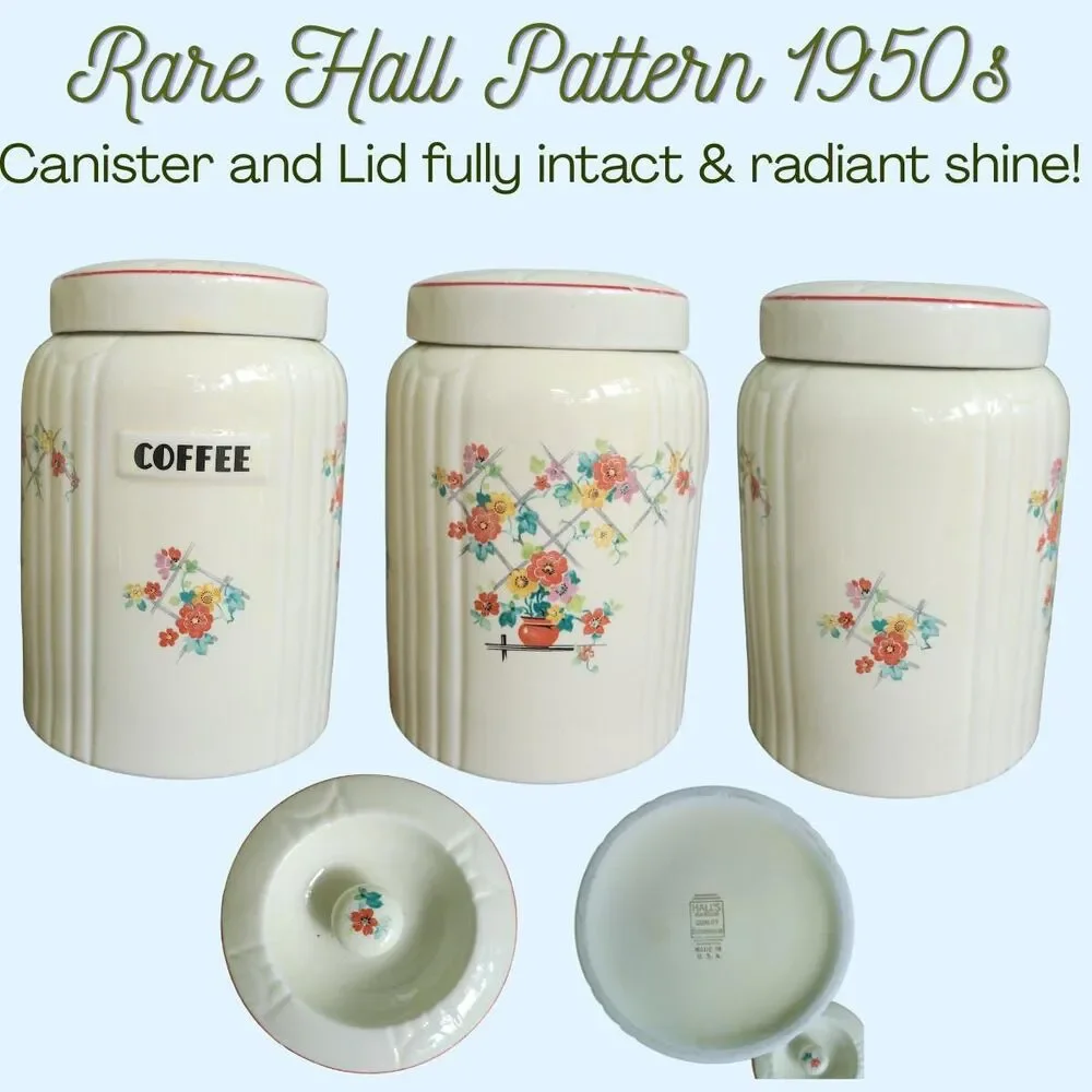Hall China Co. Radiance Coffee Canister Floral Lattice 1950s Vintage Kitchen Jar